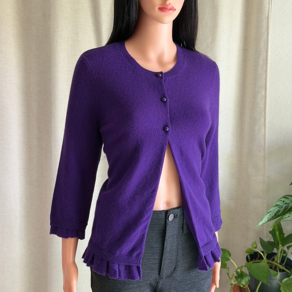 Bloomingdale's 100% Cashmere Purple Ruffle Cardigan Sweater L 3/4 Sleeve Soft